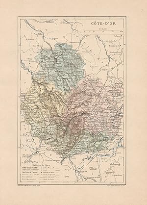 1892 France, Côte d'Or, Carta geografica, Old map, Carte géographique ancienne