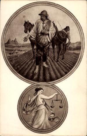 Künstler Ansichtskarte / Postkarte Manes, J., Monate, Sternzeichen Waage, Bauern beim Aussäen