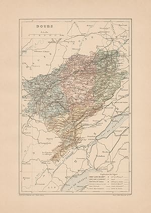 1892 France, Doubs, Carta geografica, Old map, Carte géographique ancienne