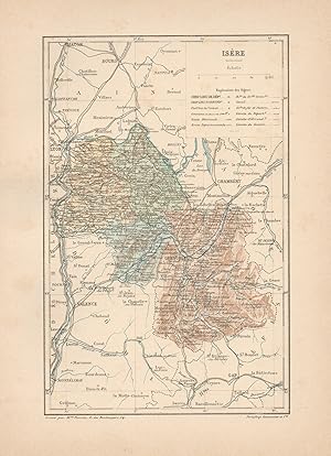 1892 France, Isère, Carta geografica, Old map, Carte géographique ancienne