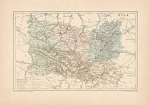 1892 France, Oise, Carta geografica, Old map, Carte géographique ancienne