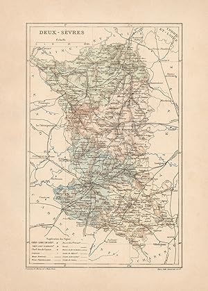 1892 France, Deux Sévres, Carta geografica, Old map, Carte géographique ancienne