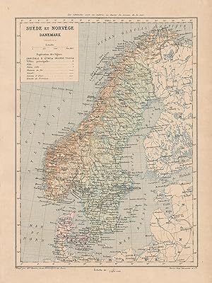 1892 Suéde, Norvège, Danemark, Svezia, Norvegia, Danimarca, Carta geografica, Old map, Carte géog...