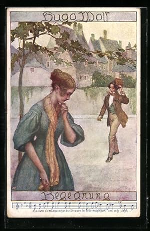 Künstler-Ansichtskarte Brüder Kohn (B.K.W.I) Nr. 321-5: Mann grüsst die junge Frau auf der Strass...