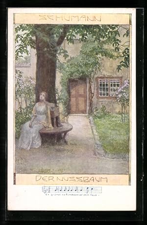 Künstler-Ansichtskarte Brüder Kohn (B.K.W.I) Nr. 557-1: Schumann, Der Nussbaum, junges Fräulein s...
