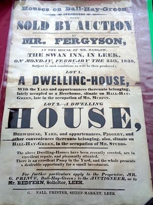 Property Sales Poster 1839 In Leek. Ball-Haye Green Houses.