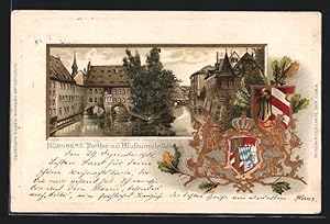 Passepartout-Lithographie Nürnberg, Wappen und Partie a. d. Museumsbrücke