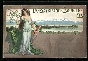 Künstler-Ansichtskarte Lindau i. B., IX. Bayrisches Sängerfest, Panorama, Frau mit Lyra, Ganzsach...