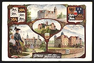 Lithographie Öhringen, Schloss Neuenstein, Schloss Waldenburg, Wappen, Paar in Tracht