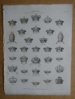 Heraldry: Crowns, Coronets and Mitres. Engraving.