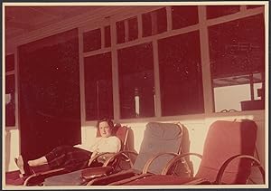 Sudan 1954, Woman lying on the deck chair outside the hotel, Vintage photo
