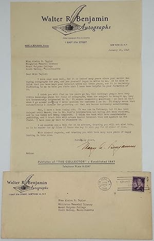 Imagen del vendedor de Responding to a collector who would like to order a copy of her forthcoming book, blaming its delay on a tardy introduction by Dr. Boyd and asking for payment up front, in a typed letter, signed by Benjamin, Jan. 16, 1946, on her business letterhead, to the collector at Mt. Holyoke College a la venta por Bartleby's Books, ABAA