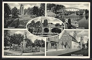 Ansichtskarte Fürstenwalde, Ehrenmal, Spreebrücke mit Hafen, Rathaus und Dom