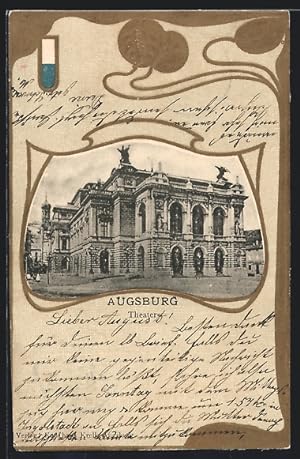 Ansichtskarte Augsburg, Blick zum Theater, goldenes Ornament-Passepartout