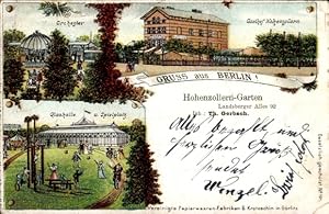 Litho Berlin Friedrichshain, Gasthof Hohenzollern, Landsberger Allee 92, Glashalle, Spielplatz - ...