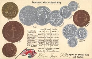 Präge Ansichtskarte / Postkarte British India and Ceylon, Münzen, Flagge, Cents, Rupie, Umrechnun...