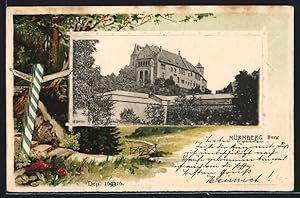 Passepartout-Lithographie Nürnberg, Ansicht der Burg, Wegweiser im Wald
