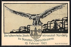 Ansichtskarte Nürnberg, Höhere techn. Staatslehranstalt 1921, Adler mit Wappen vor einer Fabrik