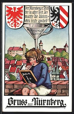 Künstler-Ansichtskarte Nürnberg, Kind vor einer Darstellung der Stadt mit den Wappen, Lernen mit ...