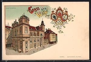 Bild des Verkufers fr Lithographie Wien, Spaziergnger vor der Schottenkirche zum Verkauf von Bartko-Reher