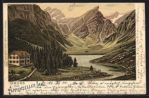 Lithographie Seealp /Appenzeller Land, Gasthaus am Bergsee