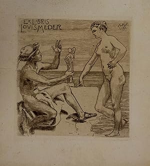 Image du vendeur pour Exlibris Louis Meder. Radierung, rechts oben in der Platte monogrammiert u. dat. 1906, 8,6 x 8,4 cm mis en vente par Antiquariat Johannes Mller