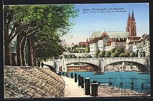 Ansichtskarte Basel, Rheinpartie mit Münster