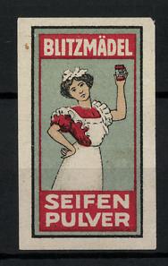 Bild des Verkufers fr Reklamemarke Blitzmdel Seifenpulver, Hausfrau mit Dose zum Verkauf von Bartko-Reher