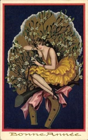 Ansichtskarte / Postkarte Glückwunsch Neujahr, Frau in gelbem Kleid, Hufeisen, Mistelzweige