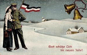 Ansichtskarte / Postkarte Glückwunsch Neujahr, Liebespaar, Glocke, Soldat