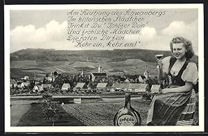 Seller image for Ansichtskarte Iphofen /Mfr., Teilansicht und Frau mit Weinglas am Sdhang des Schwanbergs, Reklame fr Iphfer Wein for sale by Bartko-Reher