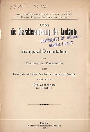 Imagen del vendedor de Ueber die Charakterisierung der Leukmie. Inaugural-Dissertation. a la venta por Antiquariat Heinz Tessin