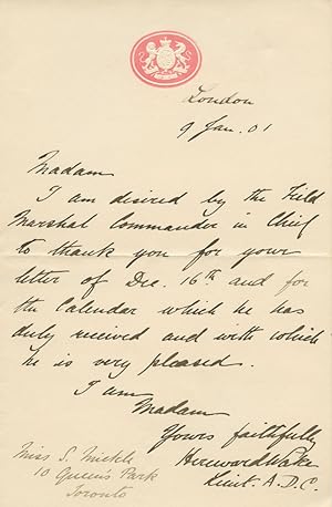 1901 Manuscript Thank You Letter from British Major-General to an Ontario, Canada Historian