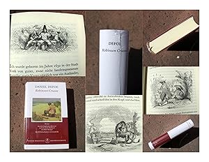 Imagen del vendedor de Leben und wunderbare Abenteuer des Robinson Crusoe, Seemanns aus York, der 28 Jahre lang ganz einsam auf einer unbewohnten Insel an der Kste Amerikas nahe der Mndung des groen Stromes Orinoko lebte, wohin er als einziger berlebender der ganzen Mannschaft durch Schiffbruch verschlagen war; nebst einem Bericht ber seine ebenso wunderbare Befreiung durch Piraten. Beschrieben von ihm selbst. "The Life and Strange Surprizing Adventures of Robinson Crusoe of York, Mariner: Who lived Eight and Twenty Years, all alone in an un-inhabited Island on the Coast of America, near the Mouth of the Great River of Oroonoque; Having been cast on Shore by Shipwreck, wherein all the Men perished but himself. With An Account how he was at last as strangely deliver'd by Pirates. Written by Himself". Roman. Aus dem Englischen [nach dem Urtext] bersetzt und mit einem Nachwort von Hans Reisiger. Illustriert mit 88 Holzschnitten von Grandville. Umschlaggestaltung nach Entwrfen von Susanne Gerhards. (= Rei a la venta por Versandantiquariat Abendstunde