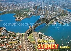 Image du vendeur pour Postkarte Carte Postale 73629378 Sydney New South Wales Opera House Harbour Bridge and City aerial view mis en vente par Versandhandel Boeger