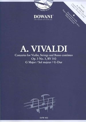 Imagen del vendedor de Concerto for Violin, Strings and Basso Continuo Op. 3, No. 3, RV 310 : G Major / Sol Majeur / G-dur a la venta por GreatBookPrices