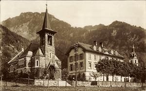 Ansichtskarte / Postkarte Vitznau Kanton Luzern, Protestantische Kirche, Schule