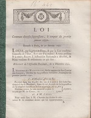 Imagen del vendedor de Loi contenant diverses suppressions,  compter du premier Janvier 1791 : donne  Paris, le 30 Janvier 1791 a la venta por Librairie Lalibela