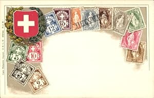 Briefmarken Wappen Ansichtskarte / Postkarte Helvetia, Schweiz, Lorbeerlaub