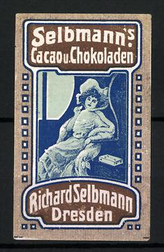 Imagen del vendedor de Reklamemarke Cacao und Chocoladen von Richard Selbmann, Dresden, Frulein im Zugabteil a la venta por Bartko-Reher