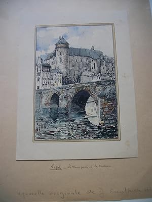 Laval - Le Vieux Pont et le Château - Aquarelle originale signée de J. Gauthier - Vers 1919.