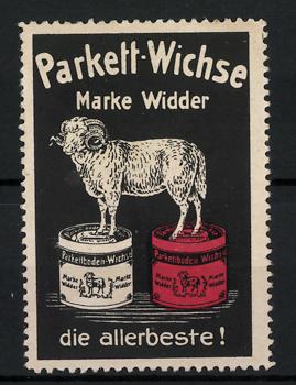 Bild des Verkufers fr Reklamemarke Parkett-Wichse - die allerbeste!, Widder steht auf zwei Dosen zum Verkauf von Bartko-Reher