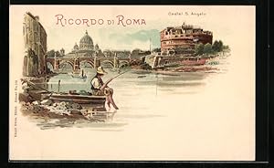 Lithographie Rom, Partie mit Angler am Castel S. Angelo