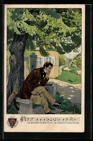 Ansichtskarte Deutscher Schulverein Nr. 62: Junger Mann sitzt unterm Lindenbaum, Am Brunnen vor d...