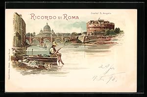 Lithographie Rom, Partie mit Angler am Castel S. Angelo