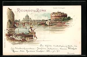 Lithographie Rom, Partie mit Angler am Castel S. Angelo