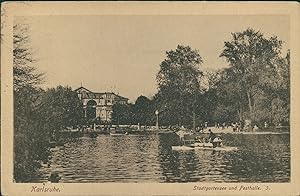 Ansichtskarte (a67 ) Baden-Württemberg Karlsruhe um 1900 Stadtgartensee und Festhalle Boot