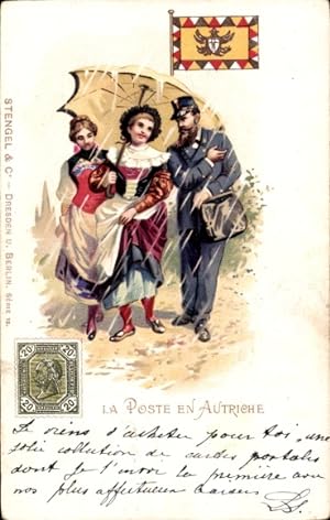 Briefmarken Litho Post in Österreich, Briefträger, Frauen in Volkstrachten, Regenschirm, Wappen