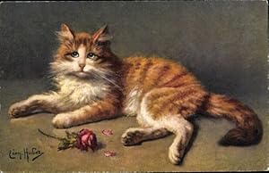 Künstler Ansichtskarte / Postkarte Huber, Leon, Liegende Katze mit Rosenblüte