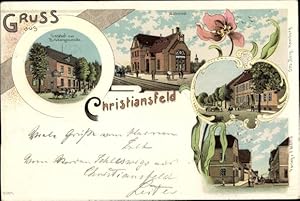 Litho Christiansfeld Kolding Dänemark, Bahnhof, Gleisseite, Gasthof zur Brüdergemeinde